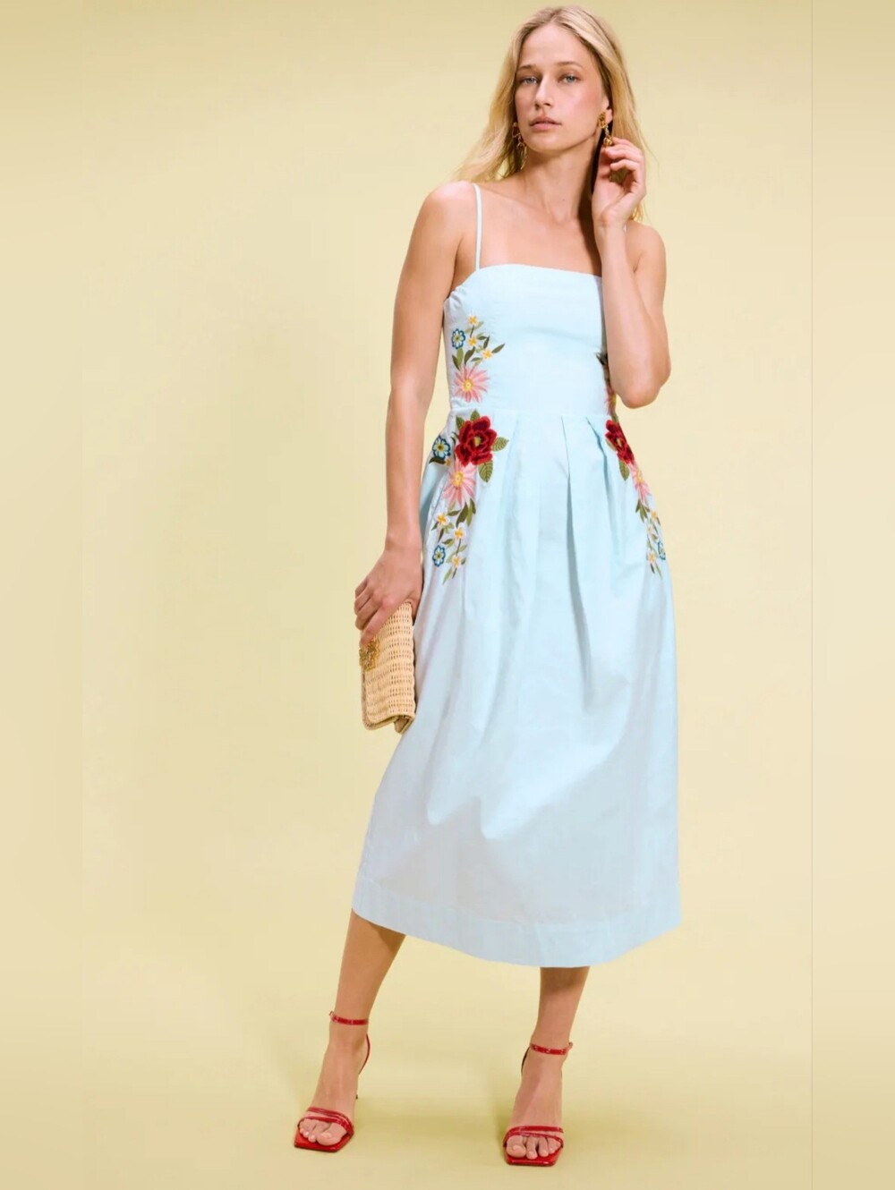 Fanm Mon Sandine Dress Floral Embroidered Sleeveless Midi Light Lagoon Blue L